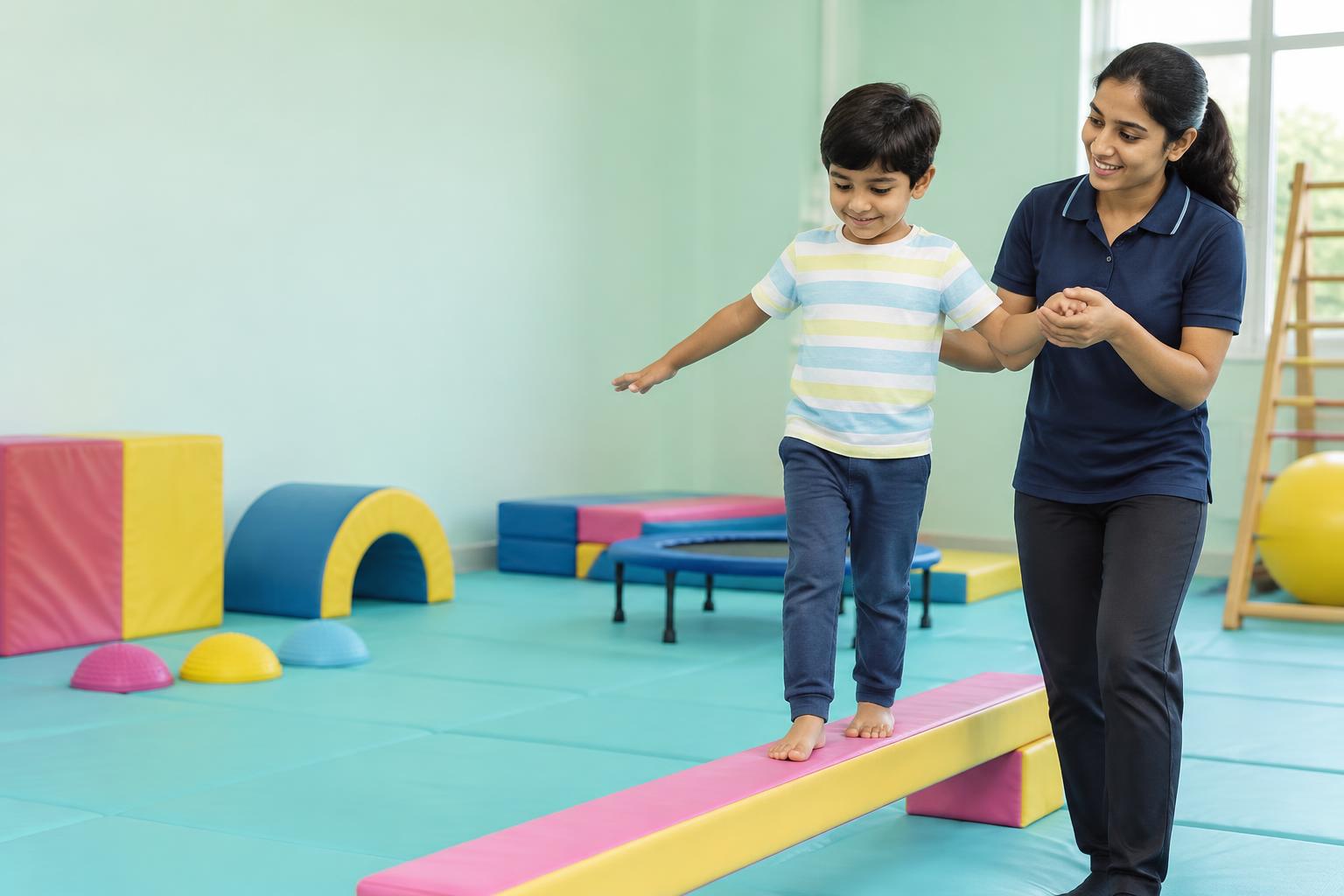 Child on a low padded balance beam supported by a coach