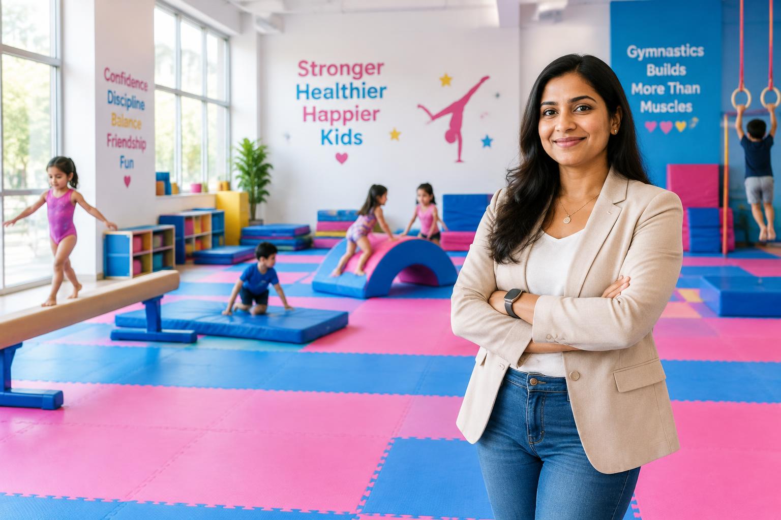 Woman franchise owner standing in a colourful Tumble Gym centre