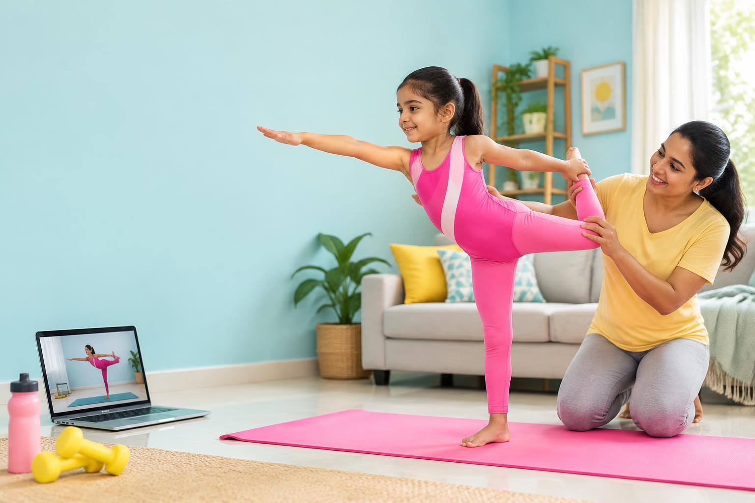 Child practising a balance pose at home with a parent and an online coach