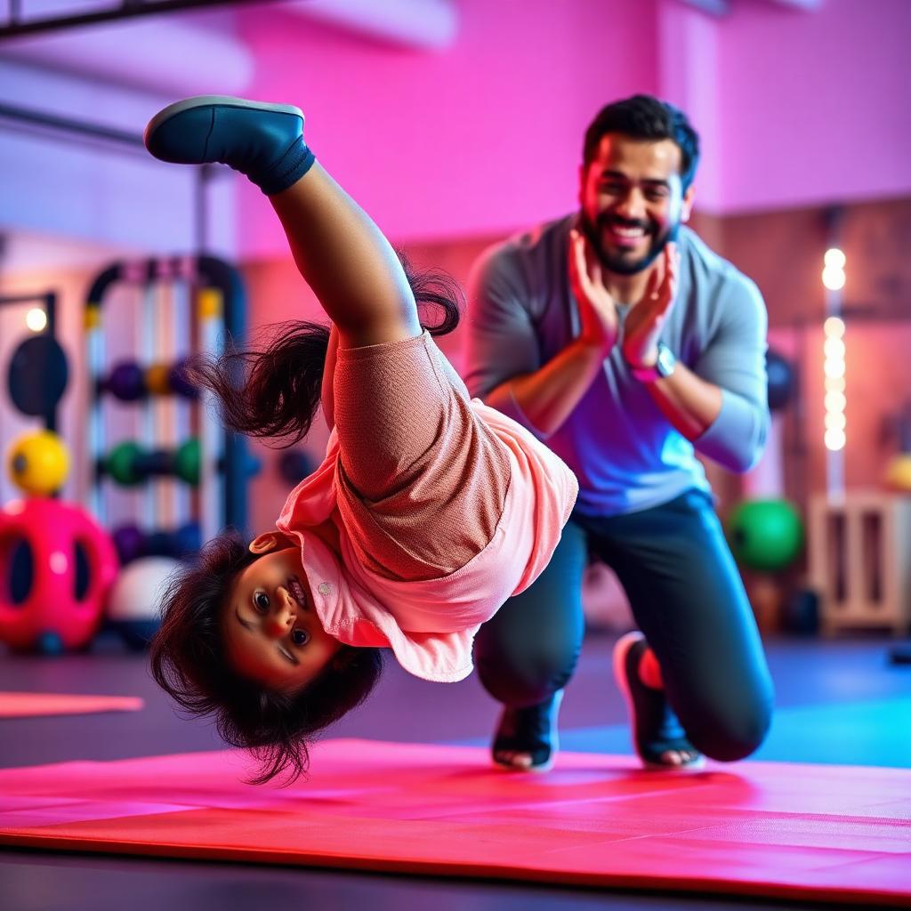 Girl mid-cartwheel with coach spotting
