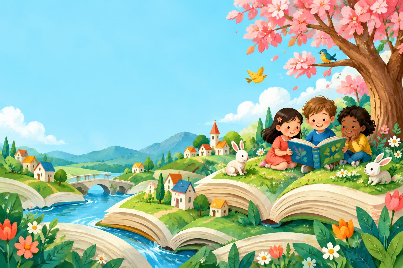 Children reading in an original illustrated storybook world
